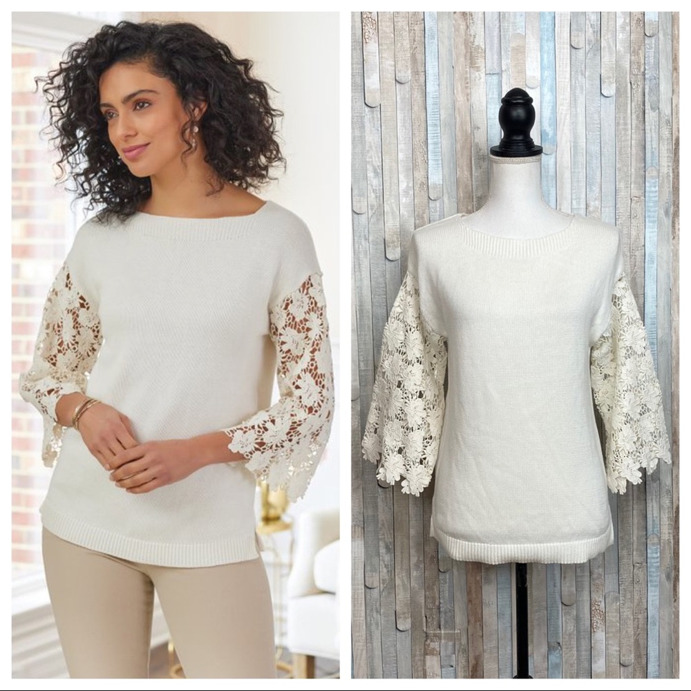 Soft‎ Surroundings XS Desiree Floral Eyelet Crochet Lace Pullover Sweater Top